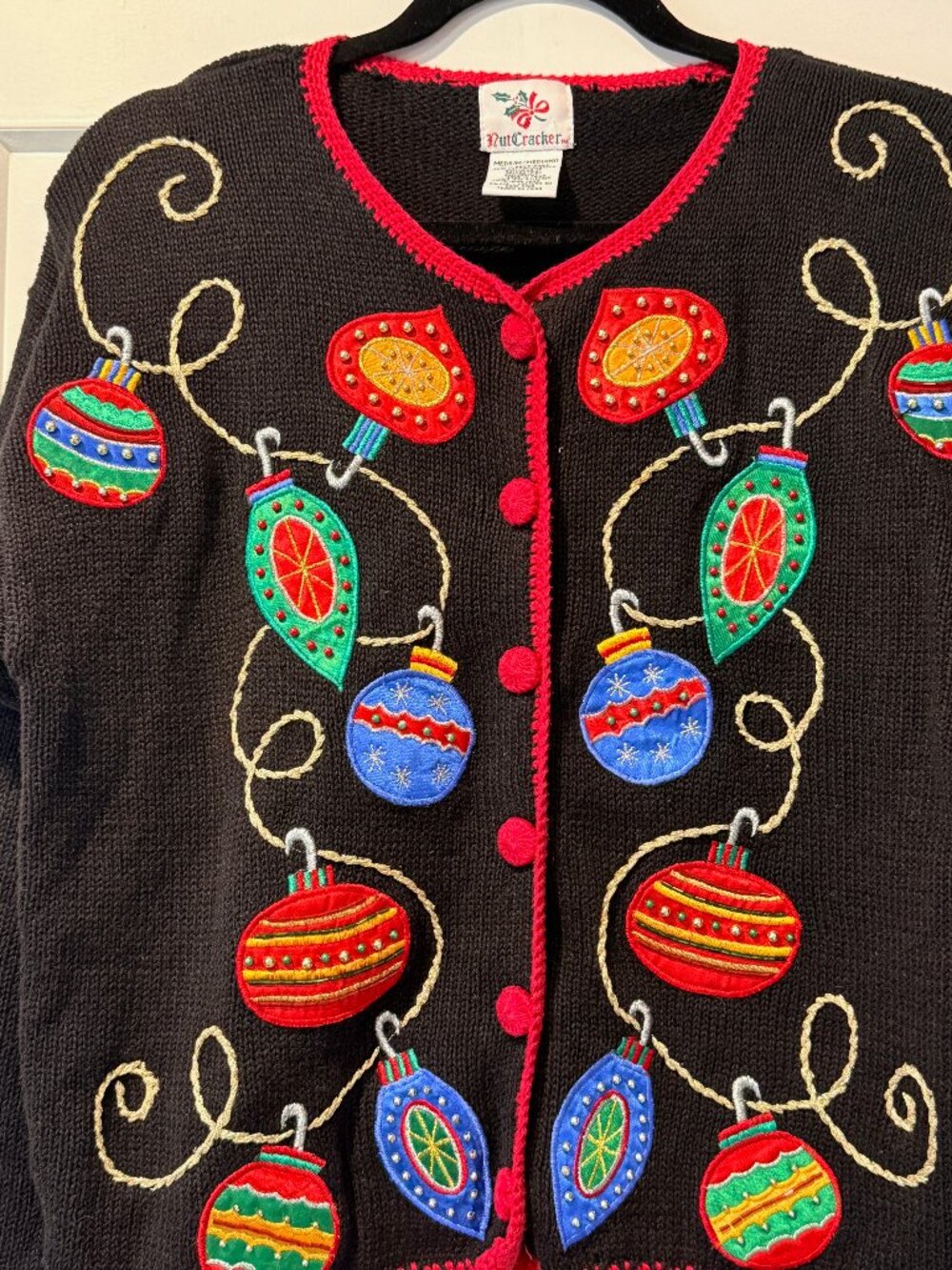 Vintage Nut Cracker Holiday Christmas Sweater With Applique Ornaments